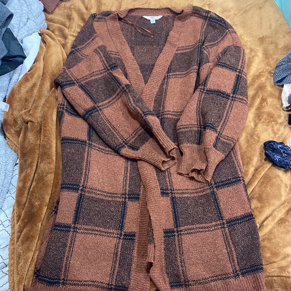 Brown and Black Plaid Cardigan